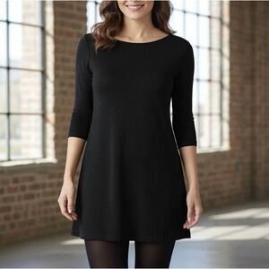 Eileen Fisher Black Tunic Top Petite XS 3/4 Sleeve Stretch Viscose Minimalist